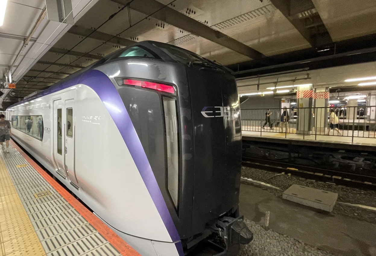 An E353 limited express train at a Shinjuku Station platform, the train that runs to Kofu
